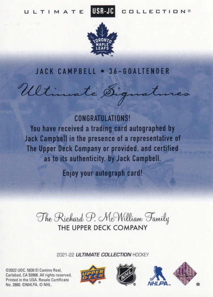 2021-22 UD Ultimate Collection - Jack Campbell - 2000-01 Ultimate Signatures Retro #USR-JC