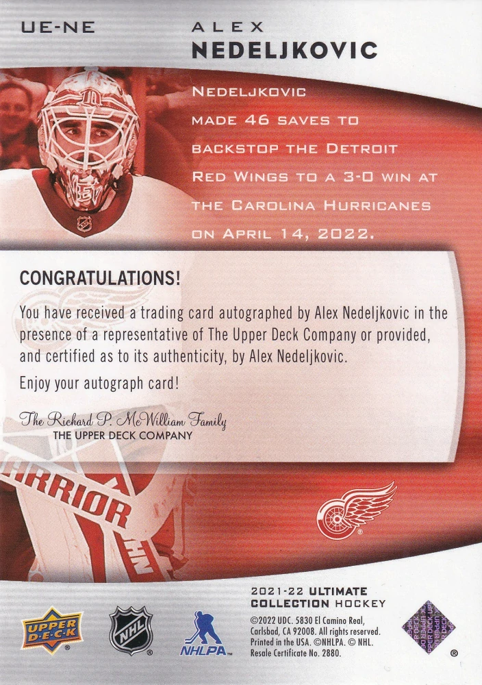 2021-22 UD Ultimate Collection - Alex Nedeljkovic - Ultimate Emblems Autographs #UE-NE
