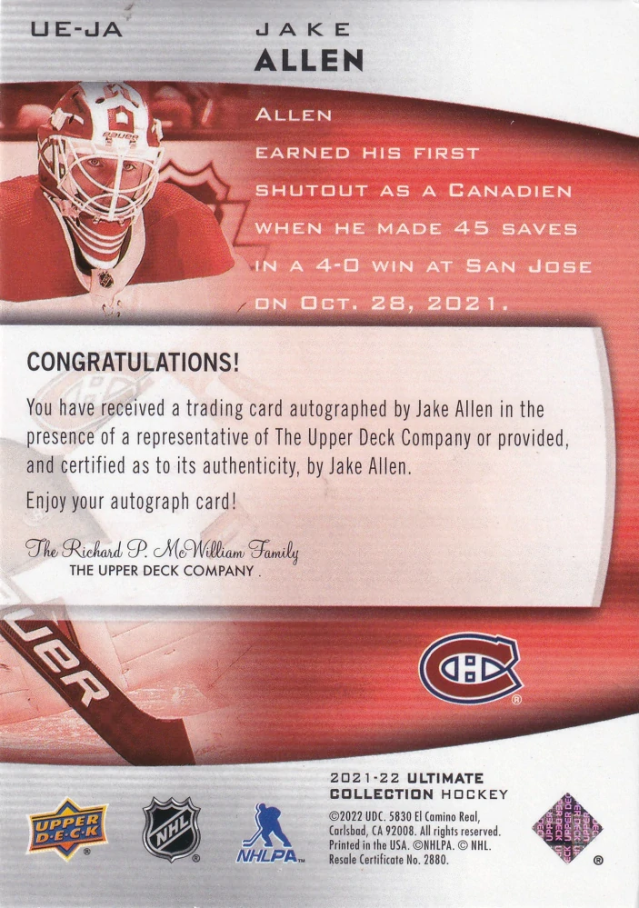 2021-22 UD Ultimate Collection - Jake Allen - Ultimate Emblems Autographs #UE-JA
