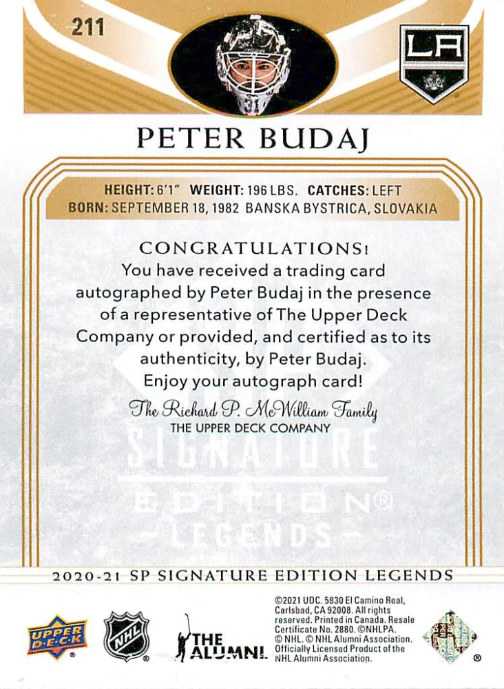 2020-21 UD SP Signature Edition Legends - Peter Budaj - Gold Spectrum Foil Autographs #211