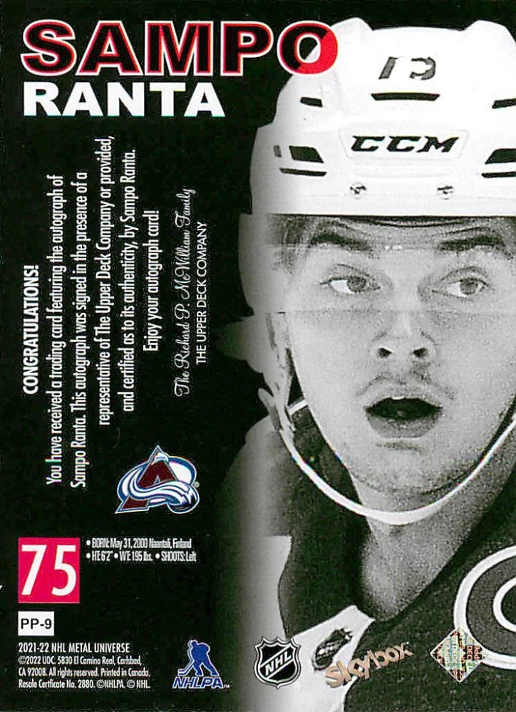 2021-22 UD Skybox Metal Universe - Sampo Ranta - Premium Prospects - 1998-99 Retro Autograph #PP-9
