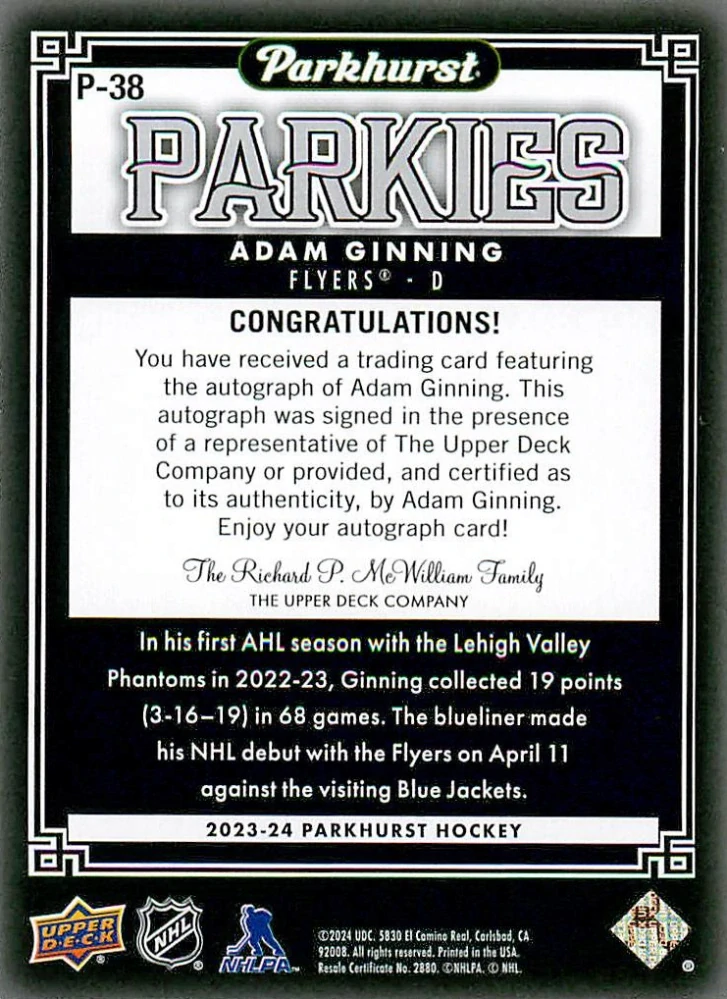 2023-24 UD Parkhurst - Adam Ginning - Parkies - Blue Auto #P-38