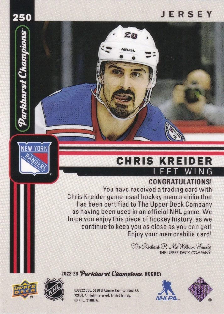 2022-23 UD Parkhurst Champions - Chris Kreider - Jersey #250