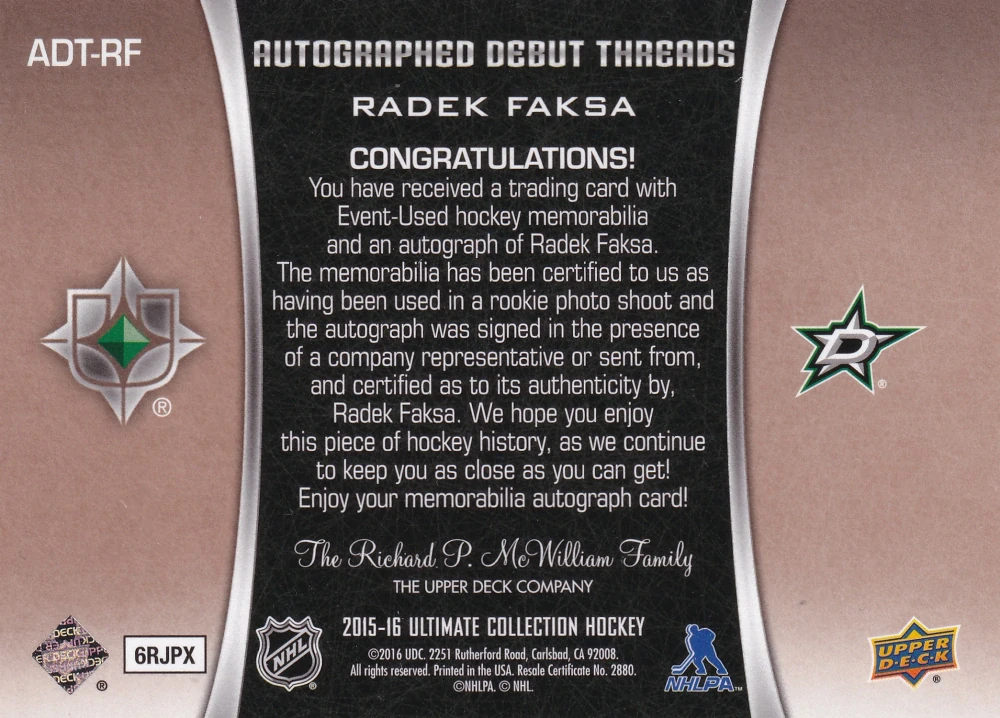 2015-16 UD Ultimate Collection - Radek Faksa - Autographed Debut Threads /99 #ADT-RF