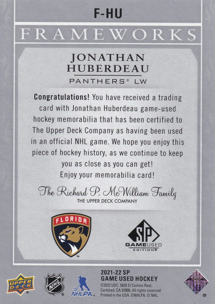 2021-22 UD SP Game Used - Jonathan Huberdeau - Frameworks #F-HU