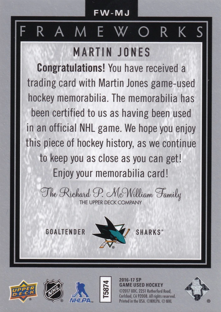 2016-17 UD SP Game Used - Martin Jones - Frameworks #FW-MJ