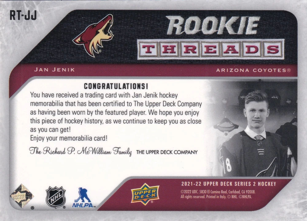 2021-22 UD Series 2 - Jan Jeník - Rookie Threads #RT-JJ