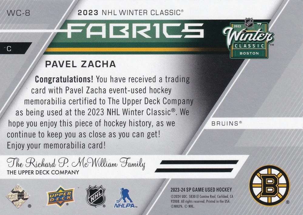 2023-24 UD SP Game Used - Pavel Zacha - Fabrics - 2023 NHL Winter Classic #WC-8