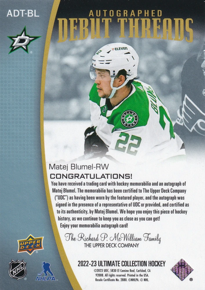 2022-23 UD Ultimate Collection - Matěj Blumel - Autographed Debut Threads /99 #ADT-BL
