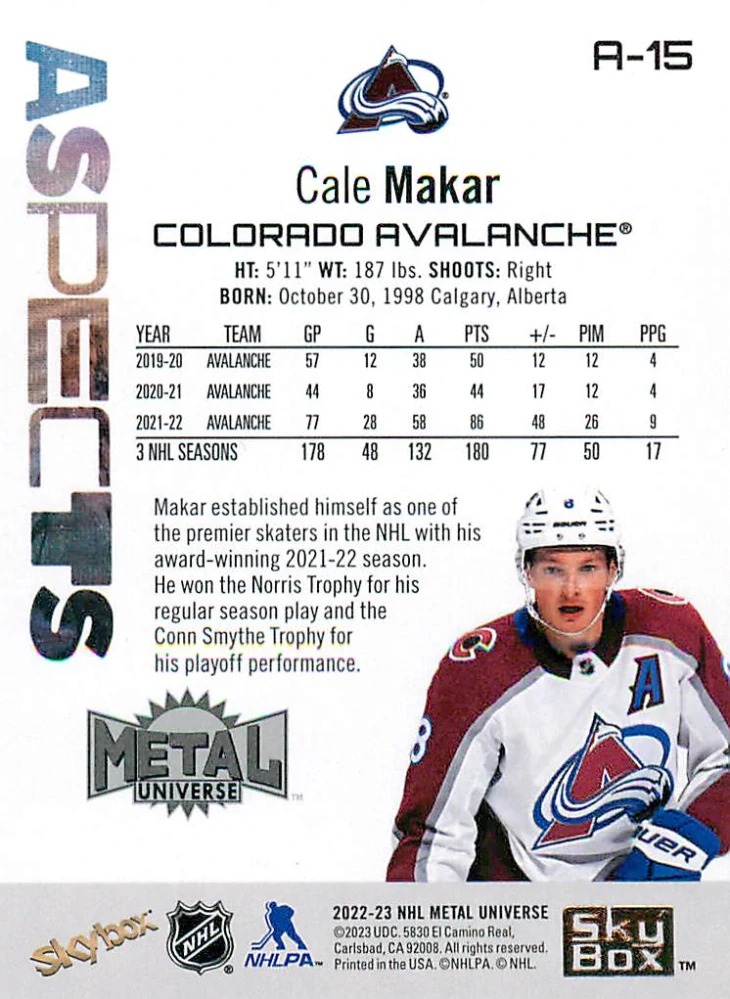 2022-23 UD Skybox Metal Universe - Cale Makar - Aspects #A-15