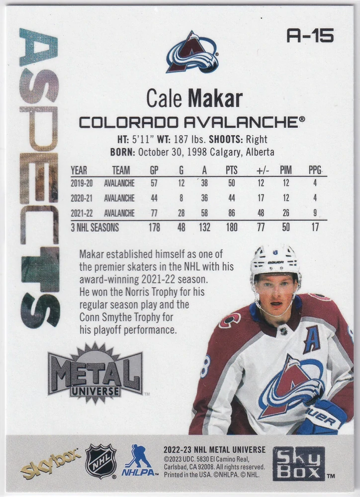 2022-23 UD Skybox Metal Universe - Cale Makar - Aspects #A-15