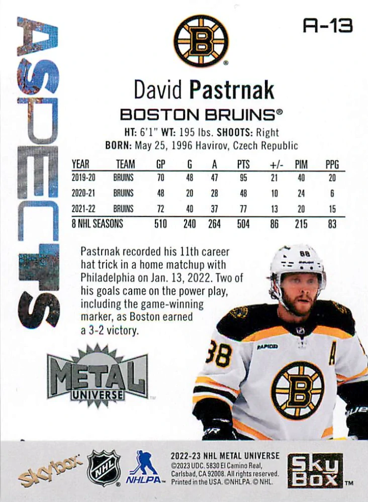 2022-23 UD Skybox Metal Universe - David Pastrňák - Aspects #A-13