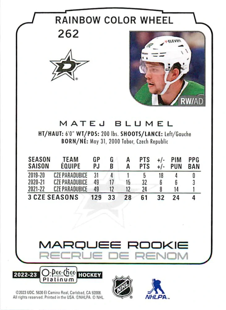 2022-23 UD O-Pee-Chee Platinum - Matěj Blumel - Marquee Rookie Rainbow Color Wheel #262