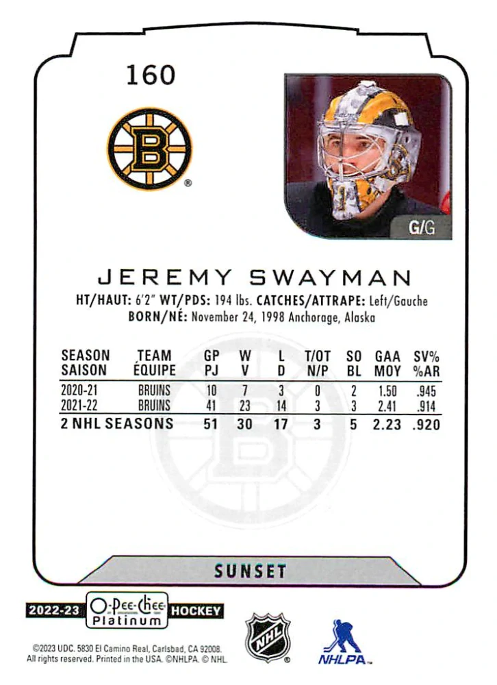2022-23 UD O-Pee-Chee Platinum - Jeremy Swayman - Sunset #160