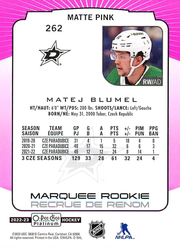 2022-23 UD O-Pee-Chee Platinum - Matěj Blumel - Marquee Rookie Matte Pink #262