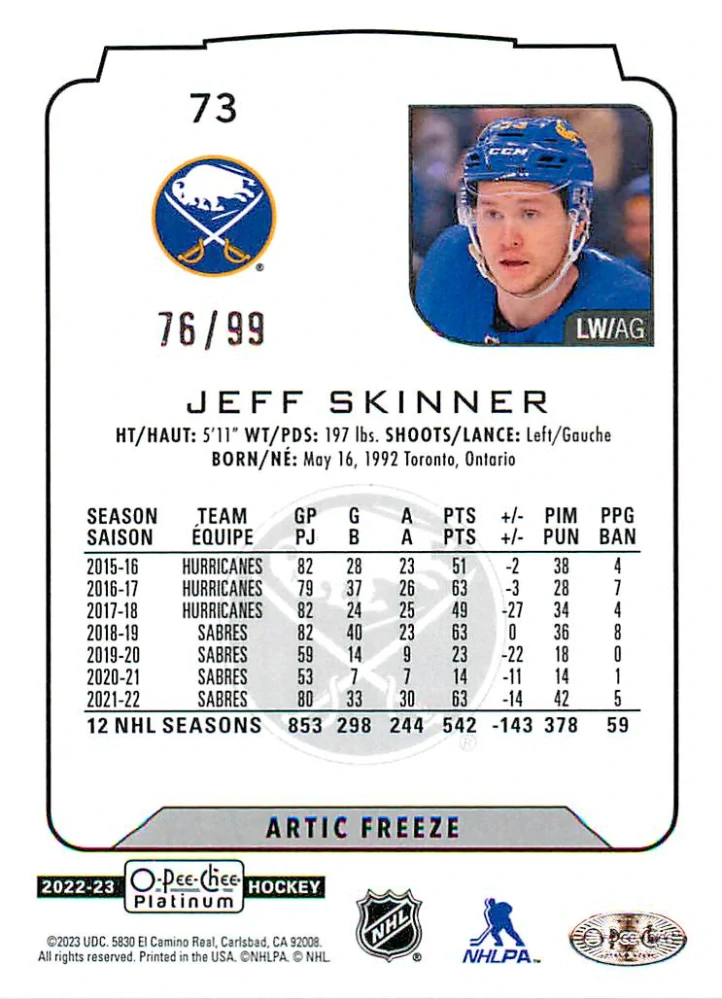 2022-23 UD O-Pee-Chee Platinum - Jeff Skinner - Arctic Freeze /99 #73