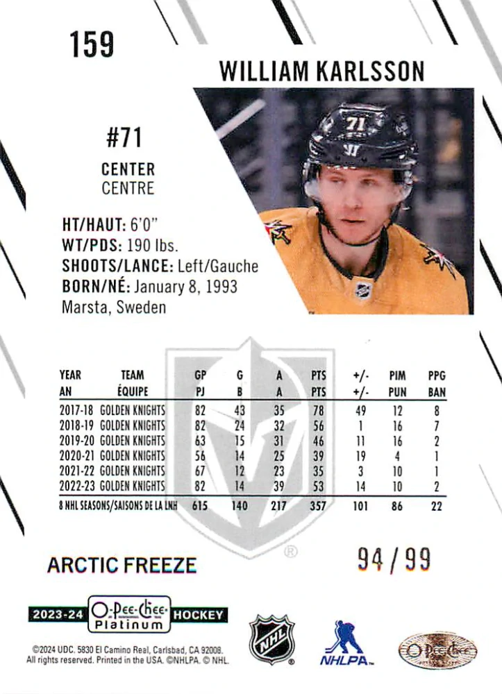 2023-24 UD O-Pee-Chee Platinum - William Karlsson - Arctic Freeze /99 #159