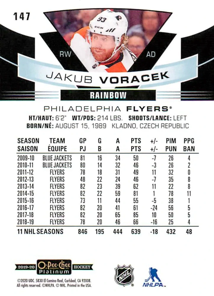 2019-20 UD O-Pee-Chee Platinum - Jakub Voráček - Rainbow #147