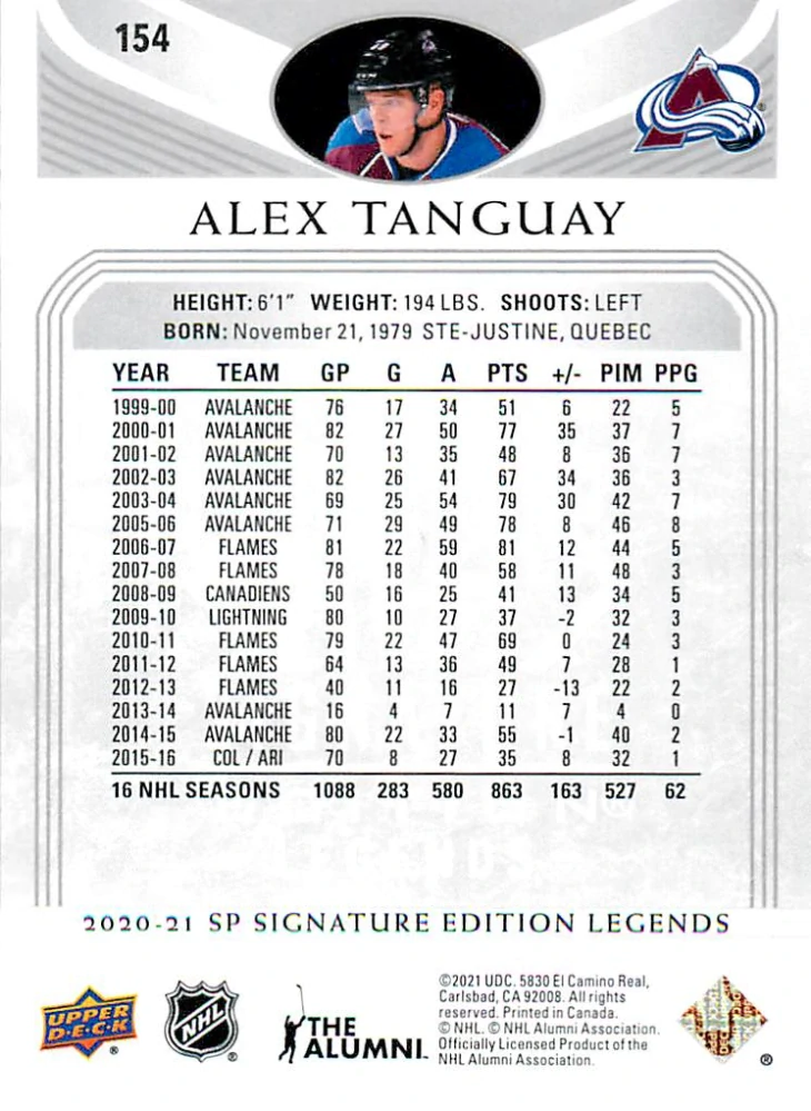 2020-21 UD SP Signature Edition Legends - Alex Tanguay - Silver Script #154