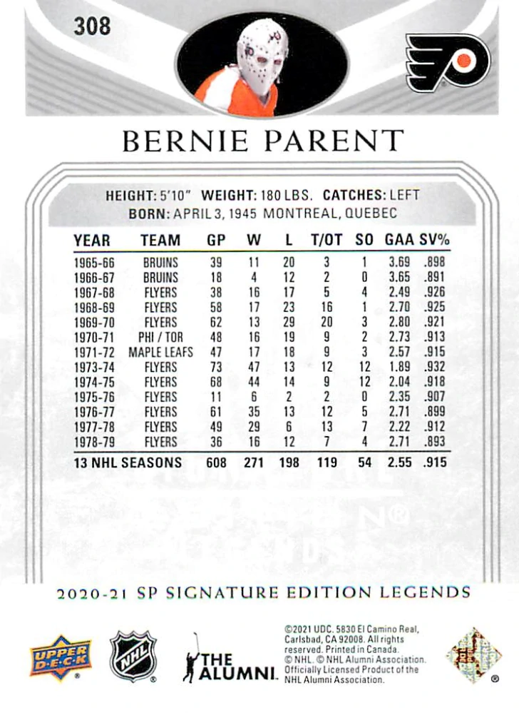 2020-21 UD SP Signature Edition Legends - Bernie Parent - Silver Script #308
