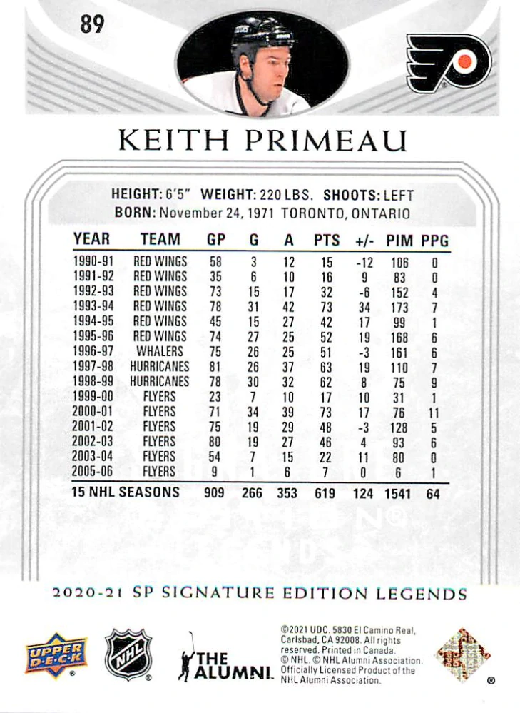2020-21 UD SP Signature Edition Legends - Keith Primeau - Silver Script #89