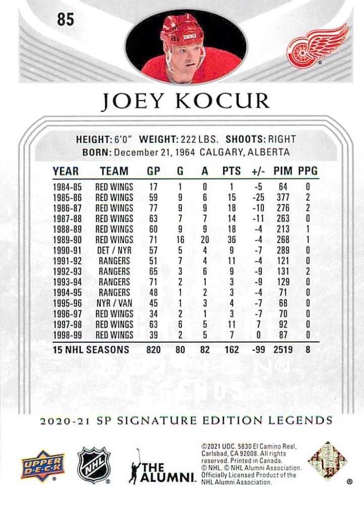 2020-21 UD SP Signature Edition Legends - Joey Kocur - Silver Script #85
