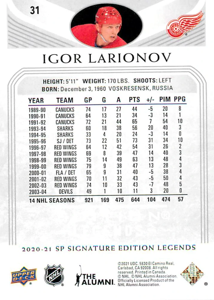 2020-21 UD SP Signature Edition Legends - Igor Larionov - Silver Script #31