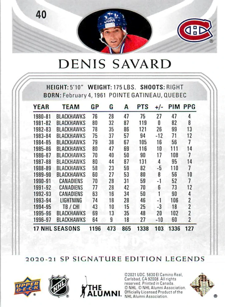 2020-21 UD SP Signature Edition Legends - Denis Savard - Silver Script #40