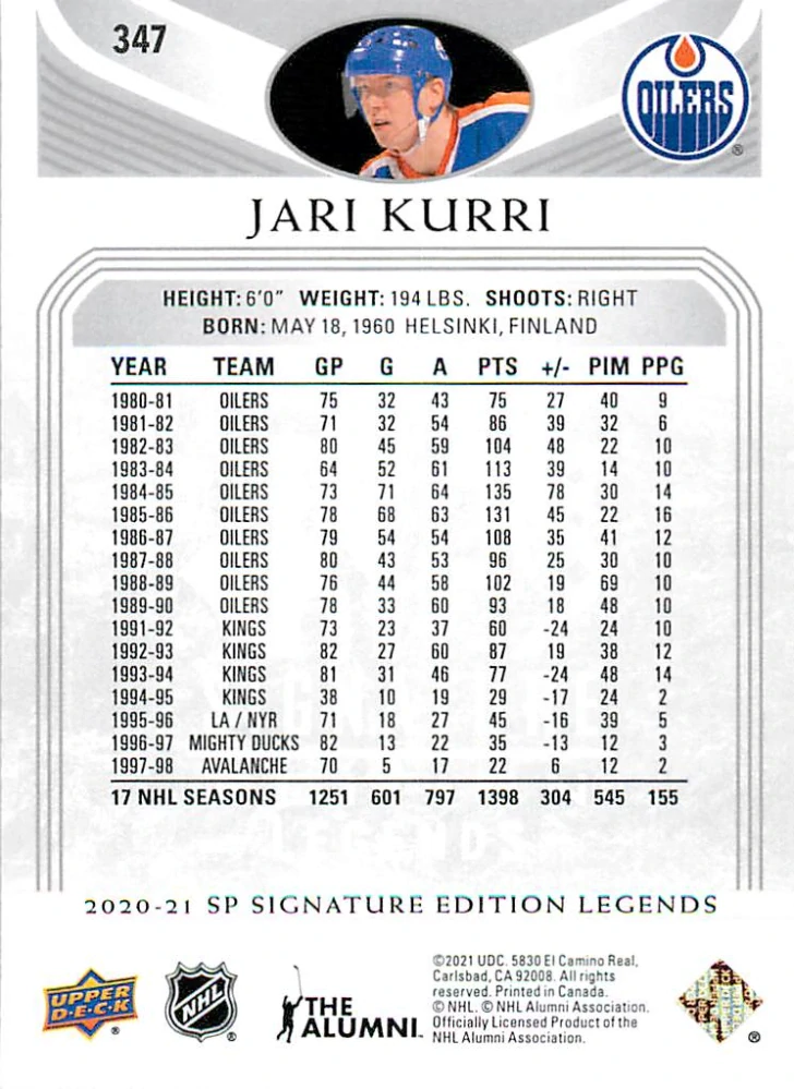 2020-21 UD SP Signature Edition Legends - Jari Kurri - Silver Script #347