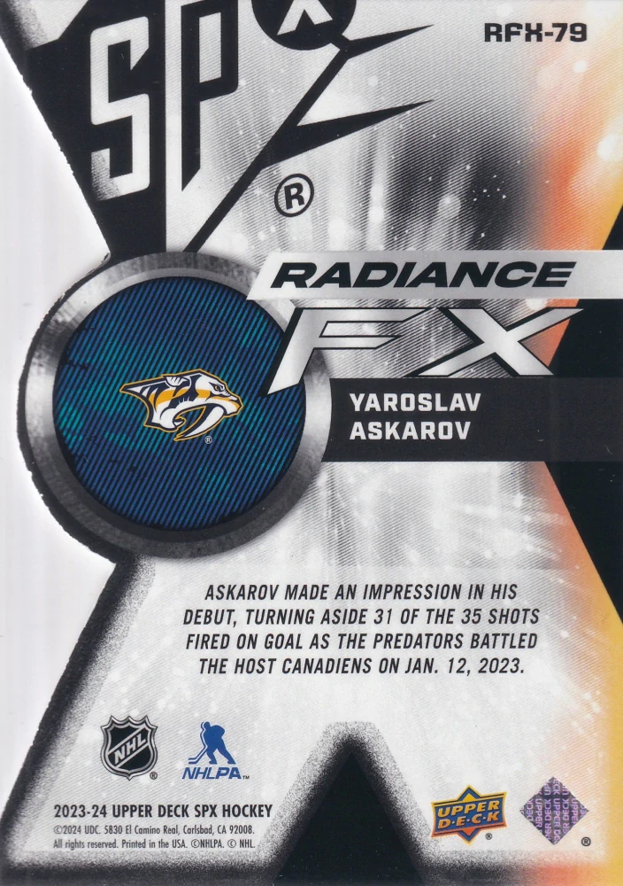 2023-24 UD SPx - Yaroslav Askarov - Radiance FX /949 #RFX-79