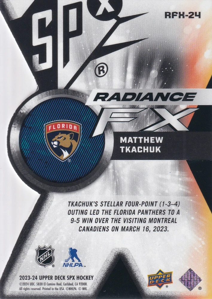 2023-24 UD SPx - Matthew Tkachuk - Radiance FX /949 #RFX-24
