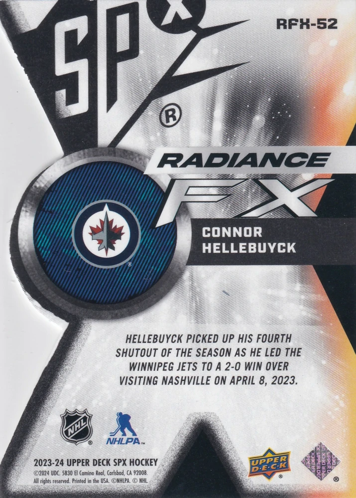 2023-24 UD SPx - Connor Hellebuyck - Radiance FX /949 #RFX-52