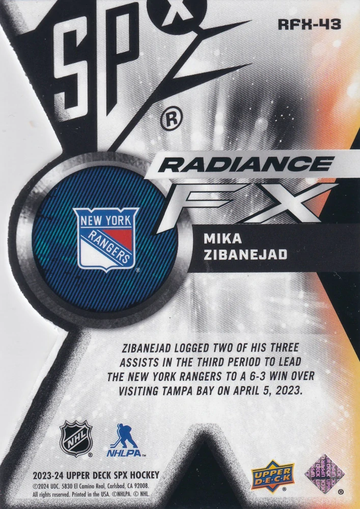 2023-24 UD SPx - Mika Zibanejad - Radiance FX /949 #RFX-43