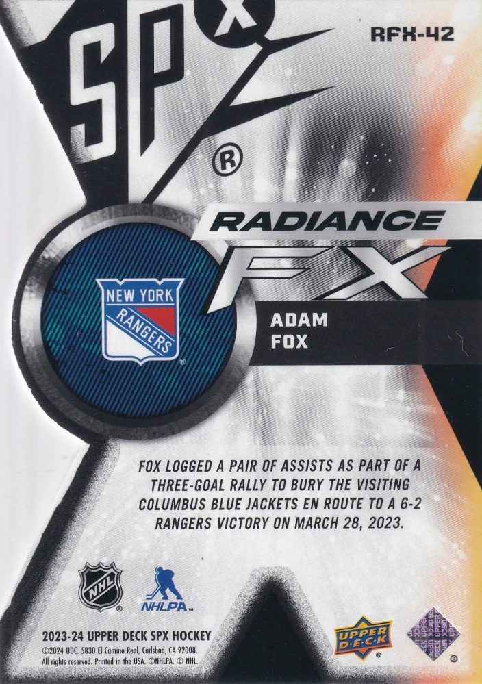2023-24 UD SPx - Adam Fox - Radiance FX /949 #RFX-42