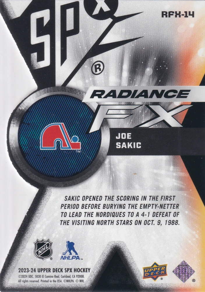 2023-24 UD SPx - Joe Sakic - Radiance FX /949 #RFX-14