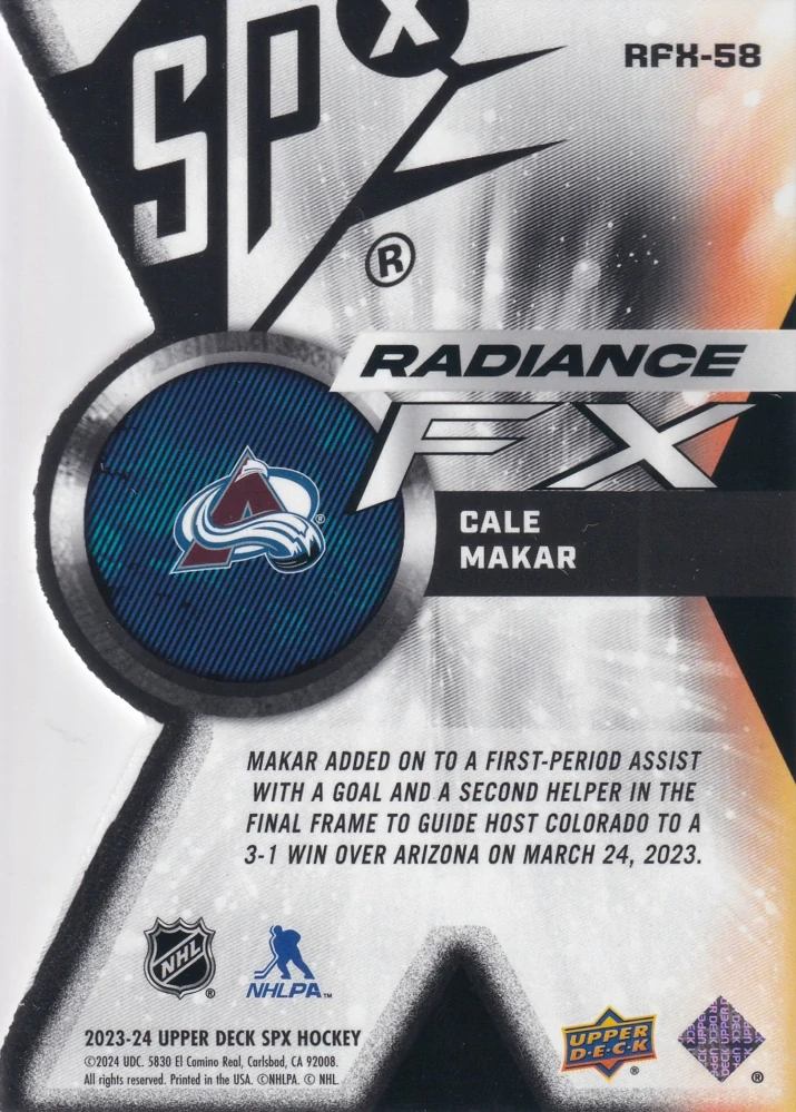 2023-24 UD SPx - Cale Makar - Radiance FX /949 #RFX-58