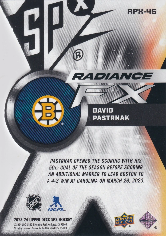 2023-24 UD SPx - David Pastrňák - Radiance FX /949 #RFX-45