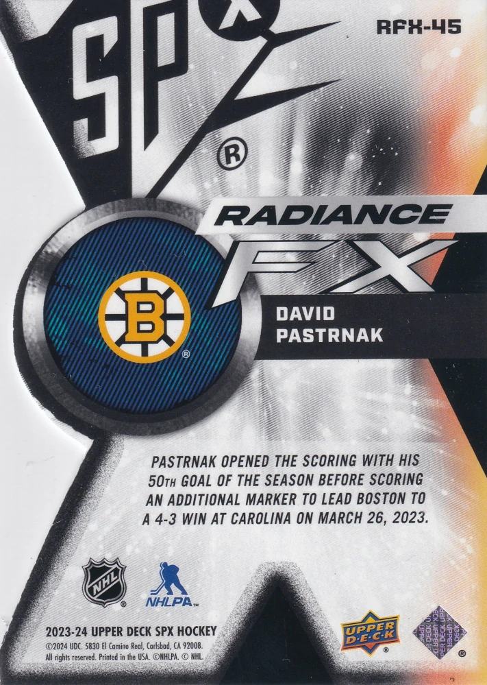 2023-24 UD SPx - David Pastrňák - Radiance FX Blue /299 #RFX-45