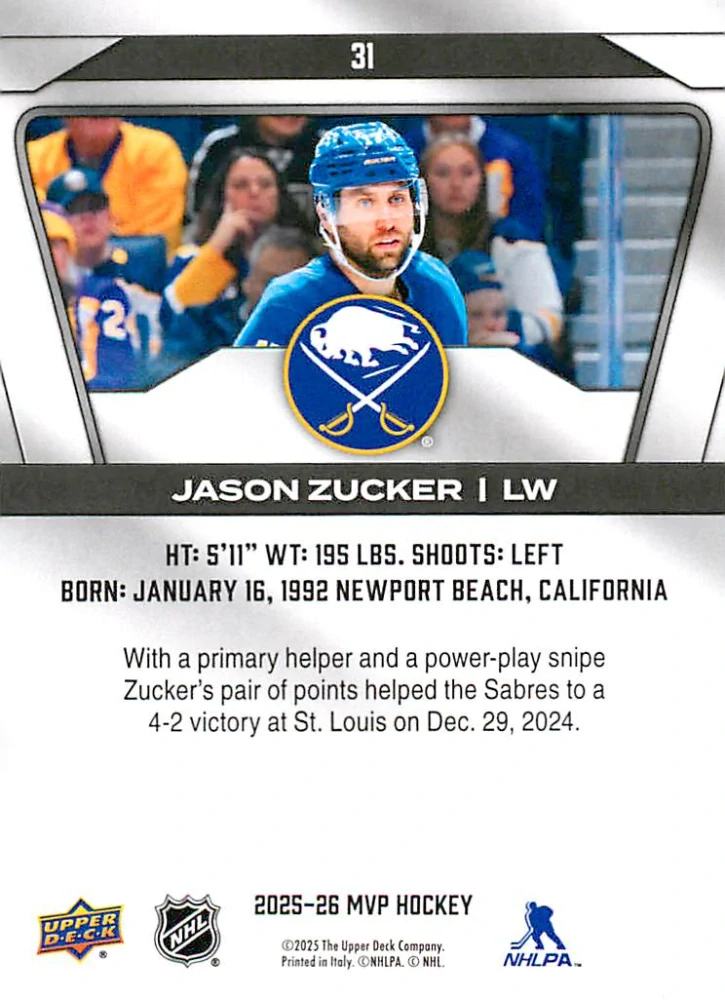 2025-26 UD MVP - Jason Zucker #31