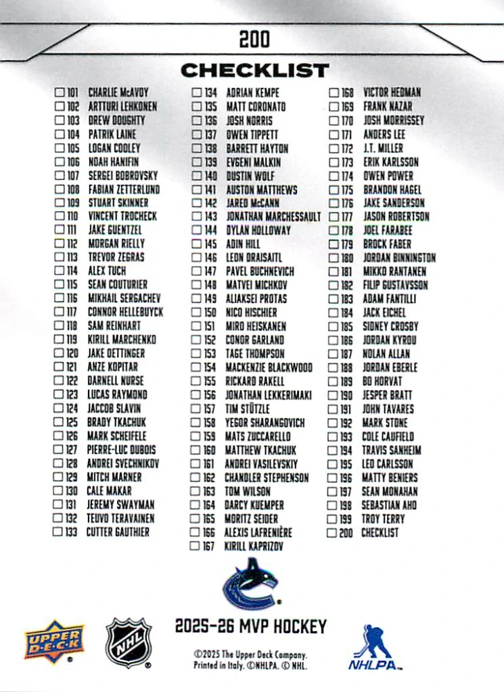2025-26 UD MVP - Quinn Hughes - Checklist #200