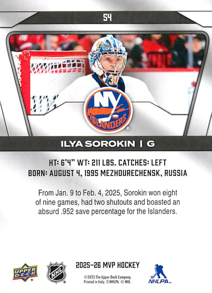 2025-26 UD MVP - Ilya Sorokin #54