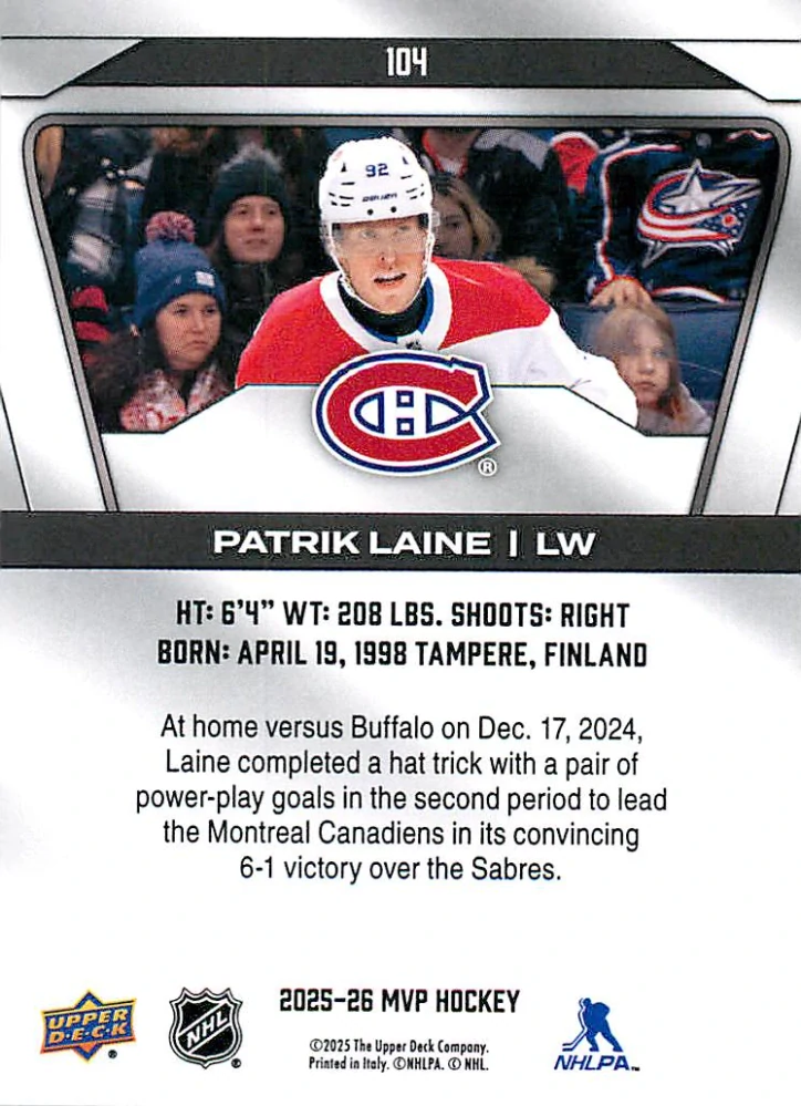 2025-26 UD MVP - Patrik Laine #104