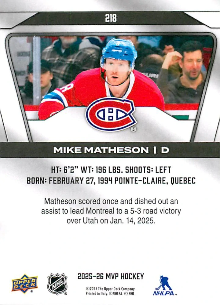 2025-26 UD MVP - Mike Matheson #218