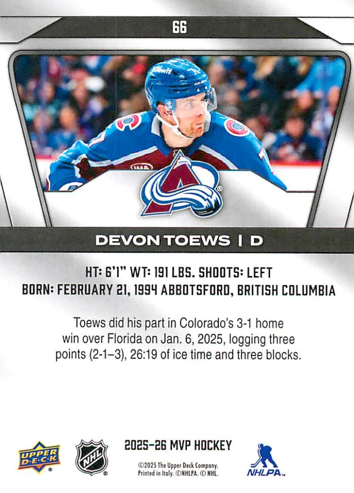 2025-26 UD MVP - Devon Toews #66