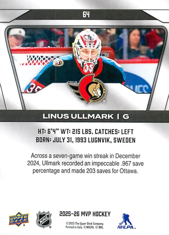 2025-26 UD MVP - Linus Ullmark #64