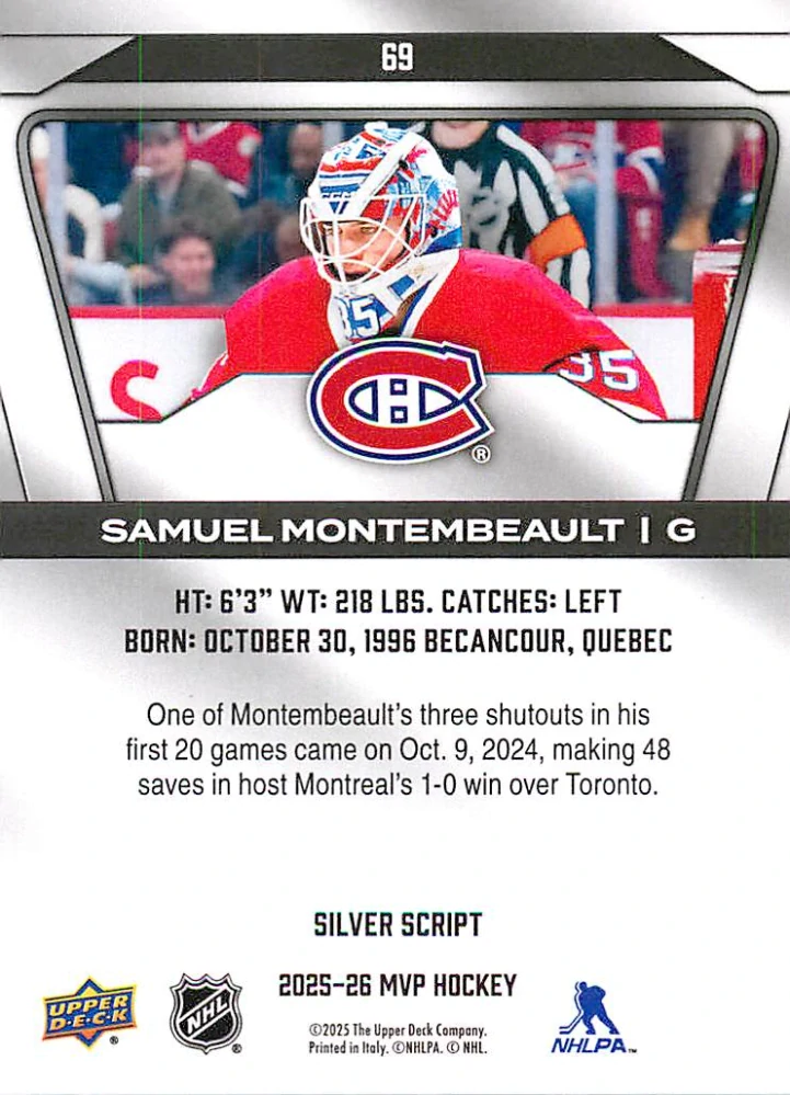 2025-26 UD MVP - Samuel Montembeault - Silver Script #69