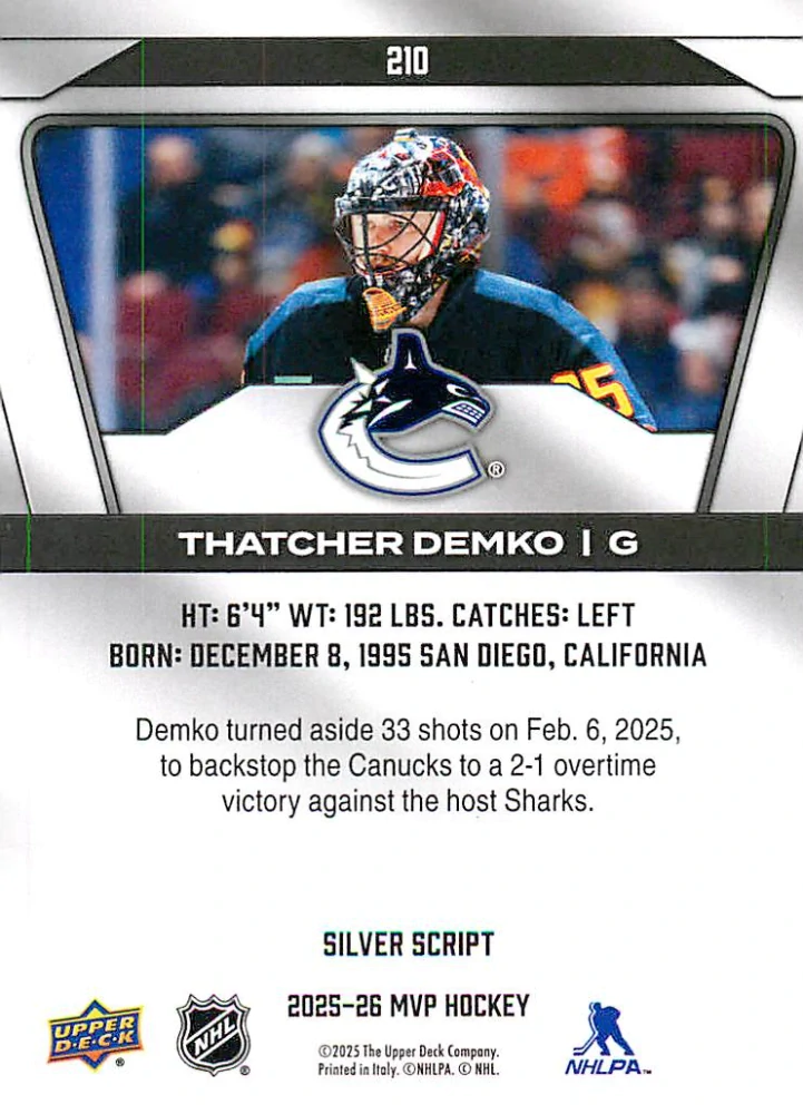 2025-26 UD MVP - Thatcher Demko - Silver Script #210