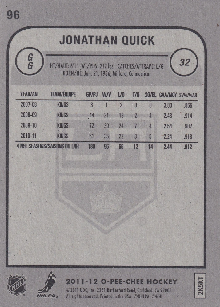 2011-12 UD O-Pee-Chee - Jonathan Quick #96