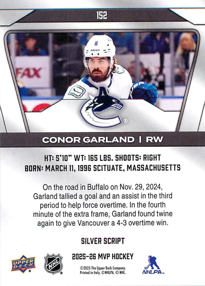 2025-26 UD MVP - Conor Garland - Silver Script #152