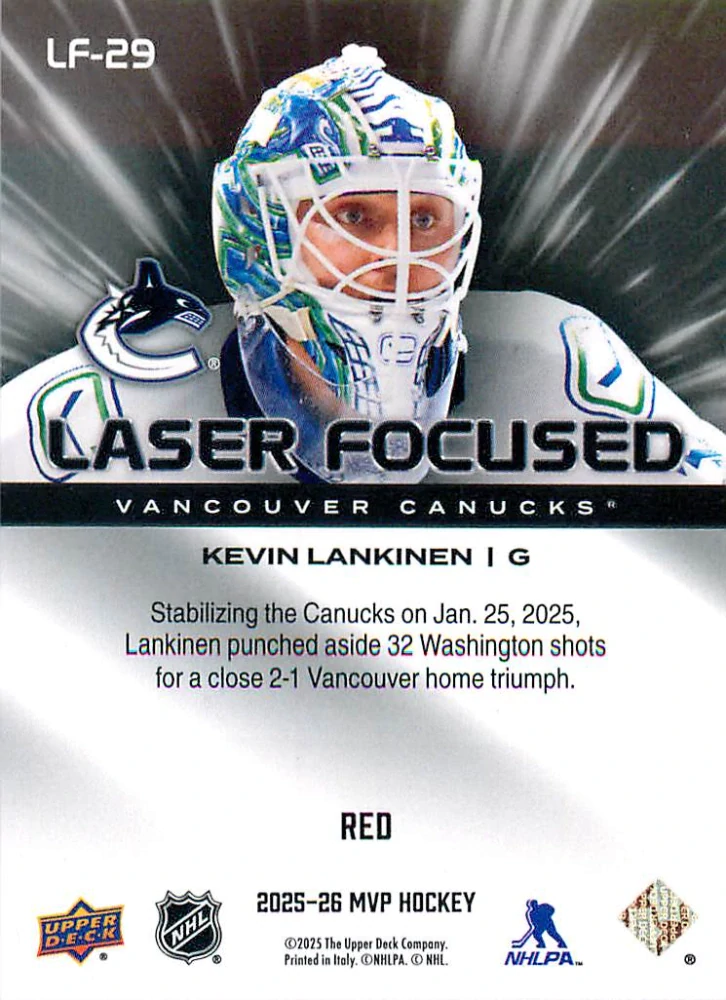 2025-26 UD MVP - Kevin Lankinen - Laser Focused Red /599 #LF-29
